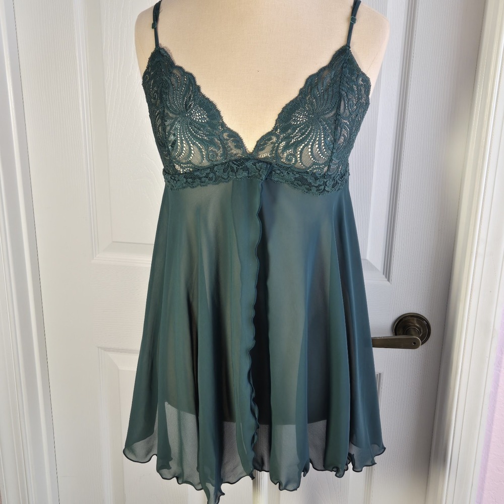 Victoria's Secret Vintage Green Babydoll Top Nightie‎ Size S 90s Lingerie Mesh
